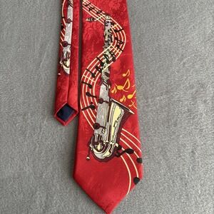 Saxophone Men's Tie Red Background Musical Notes Band Concert Teacher Orchestra